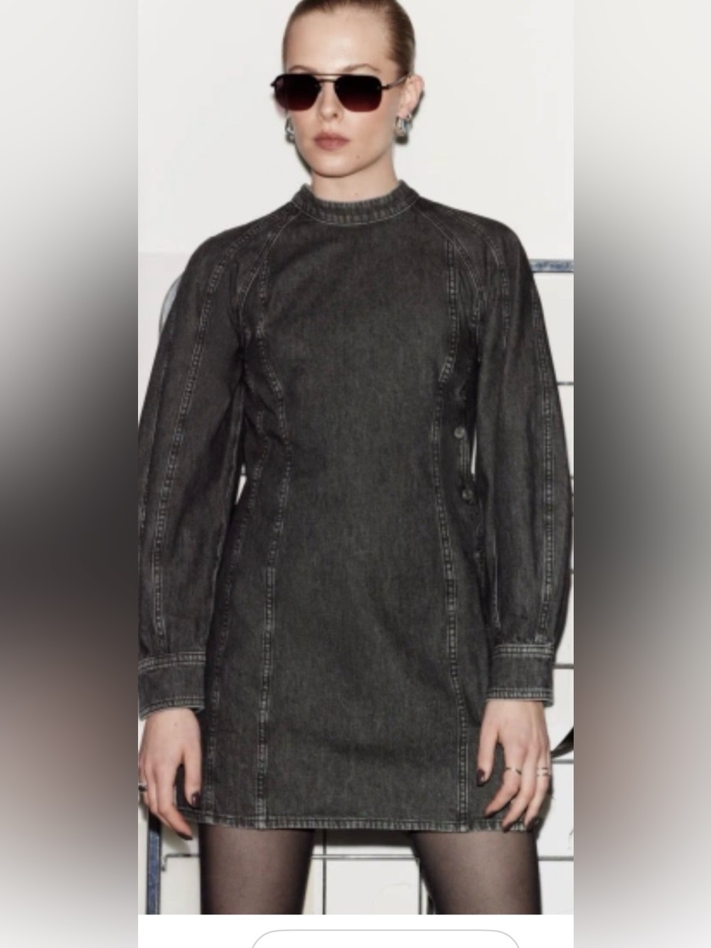 & Other Stories Washed Black Denim Mini Dress with Puff Sleeves